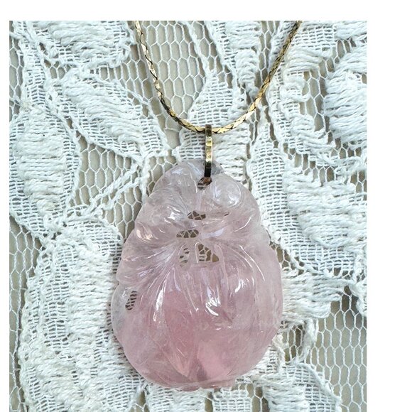 Vintage Rose Quartz Carved Heart Pendant Necklace 14k Gold Chain - Picture 4 of 11